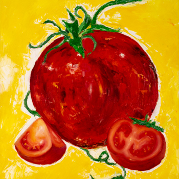 A painting of a large tomato with two slices underneath it