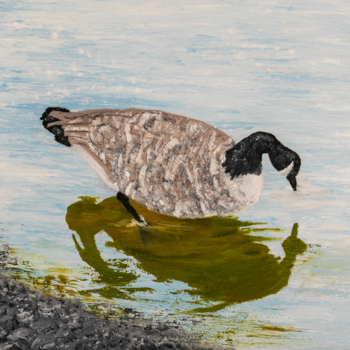 A painting of a goose standing in the shallows of a pond