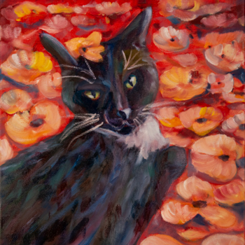 A painting of a cat sitting in a bed of red flowers