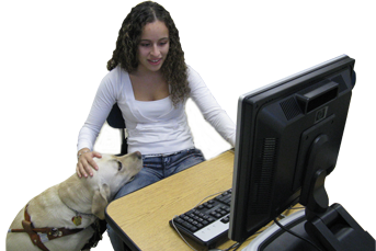 Girl with service dog infront of PC