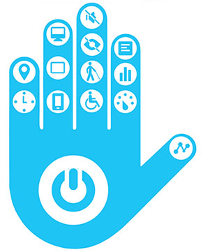 hand print with various disability related accessibility icons and a computer start button in the palm