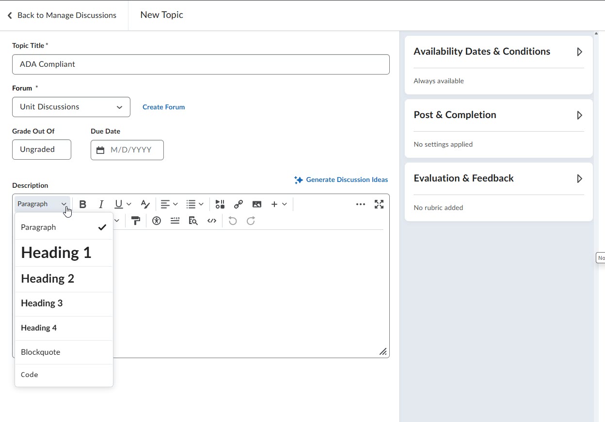 Use Headings Screenshot