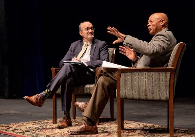 Dr. Marshall Jones talks with MVCC President VanWagoner