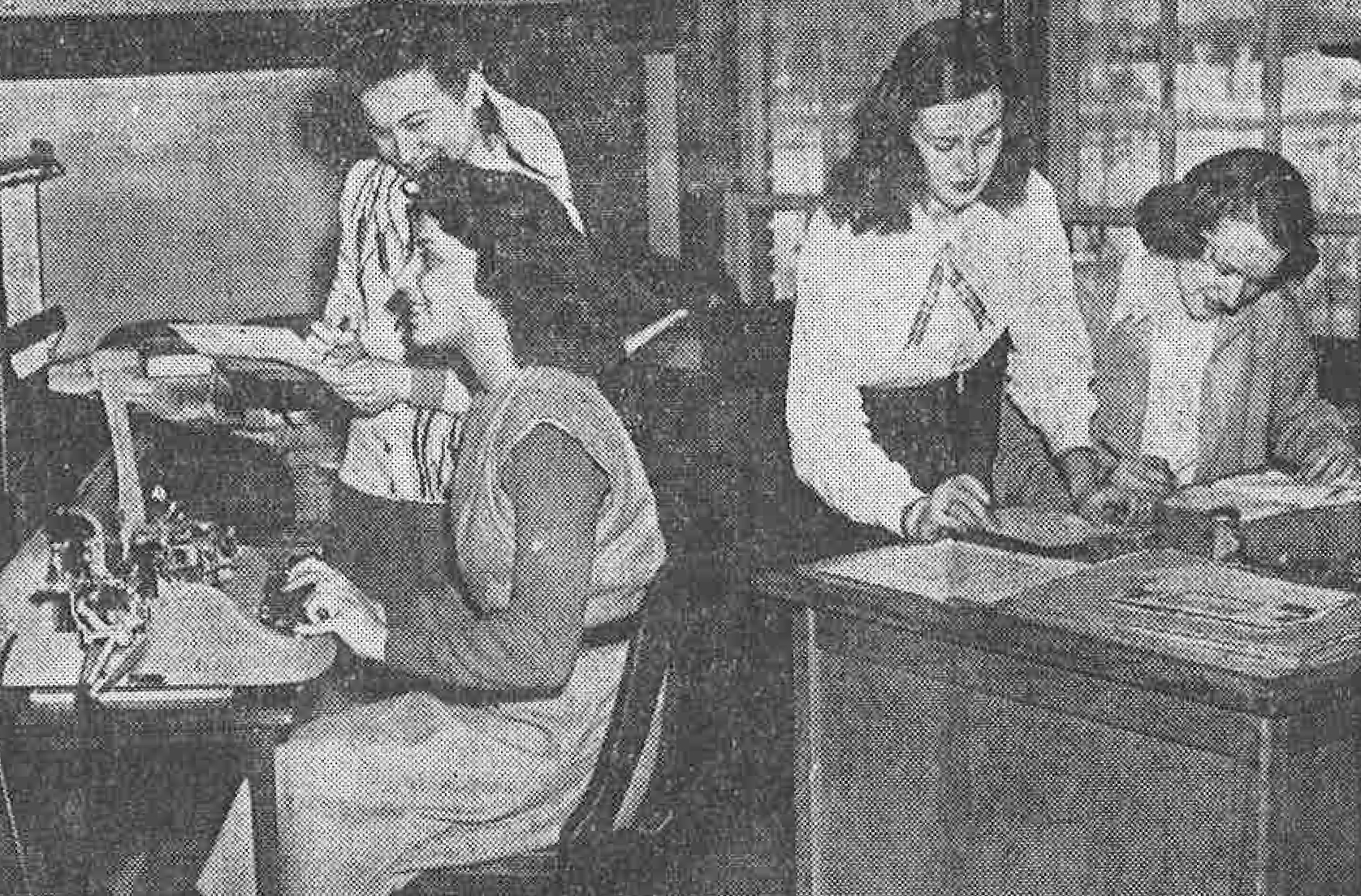 Archive newspaper image of MVCC alumna Virginia Motyka Green working on the school newspaper