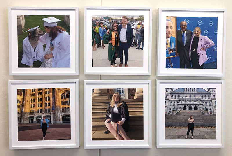 Image of framed photographs highlighting moments from Taryn Rackmyer's journey: from high school to MVCC to Albany to the State Senate