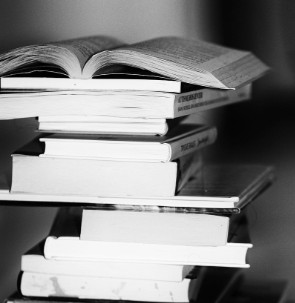 stack of books in black and white