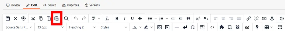 "Paste as text" button located in the CMS text editor